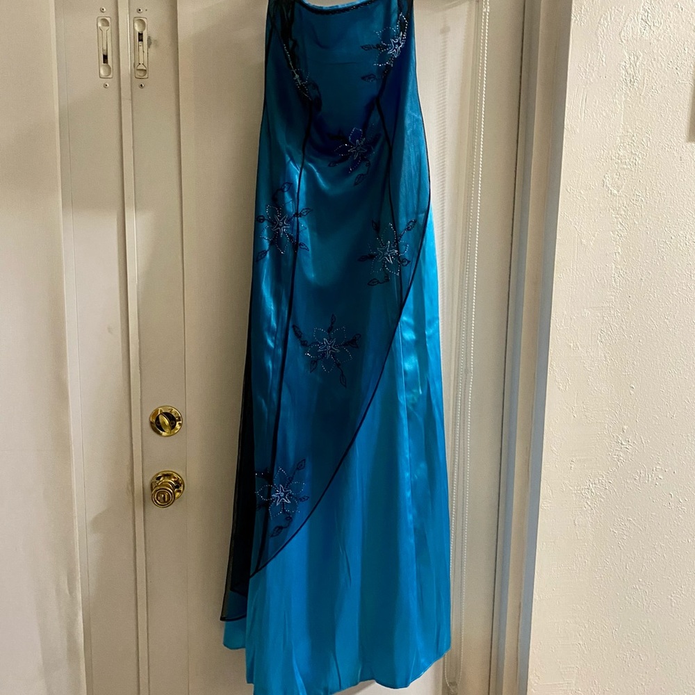 Blue strapless dress with beaded details